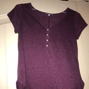 Sheer, burgundy, quarter button up, t-shirt